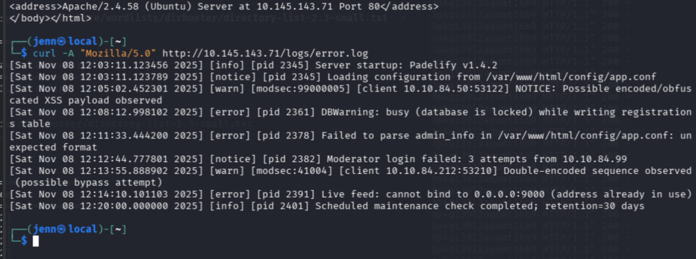 curl on error.log returning Apache error log contents